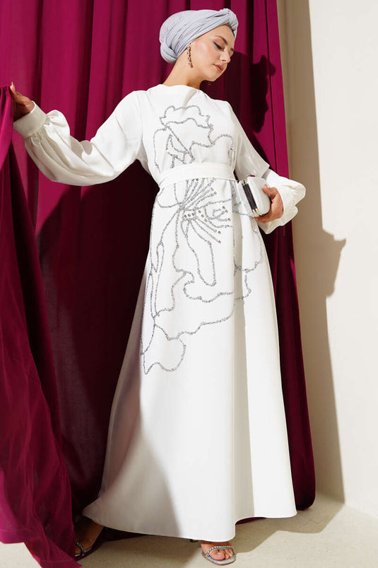 Flower and Stone Embellished Evening Dress White