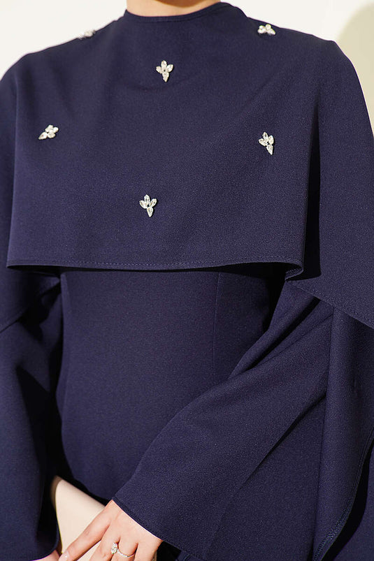 Abito Da Sera Con Fiori E Decorazioni Blu Navy Con Bolero