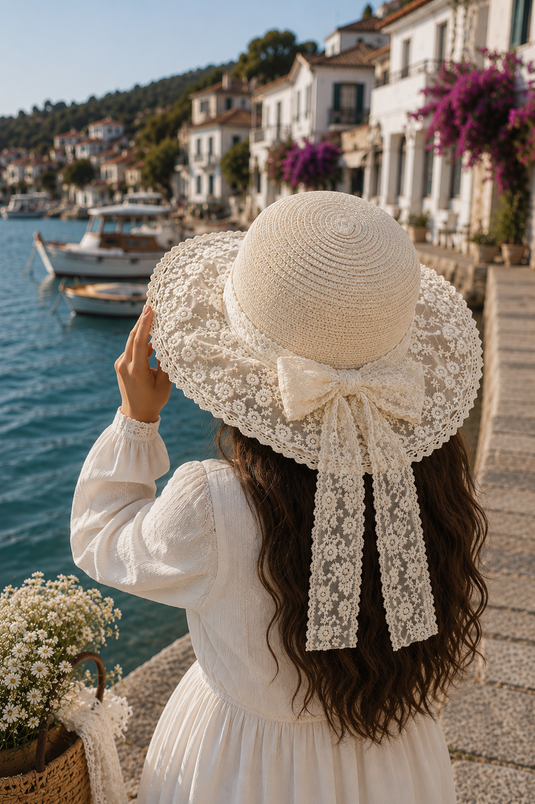 Chapeau en paille crème avec détail en tulle fleuri