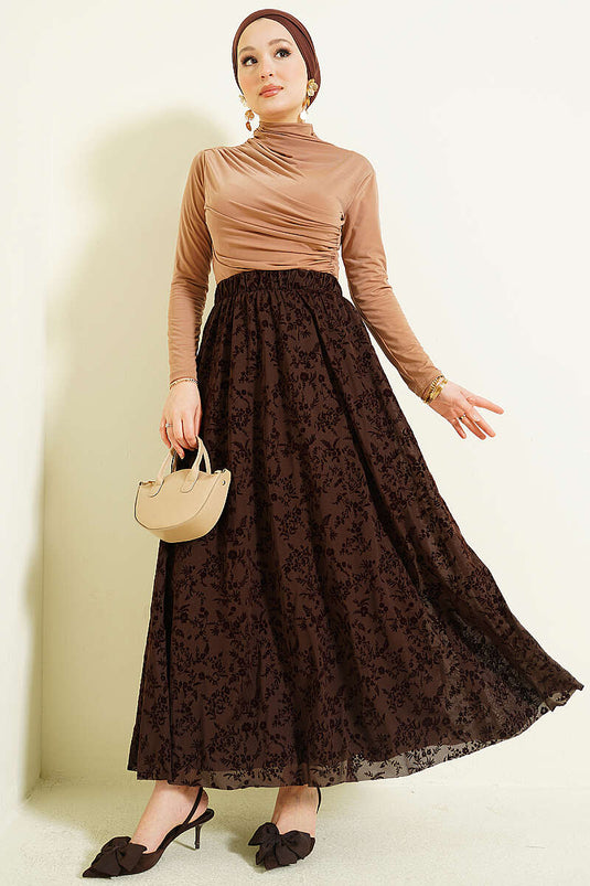 Jupe évasée en tulle à fleurs marron