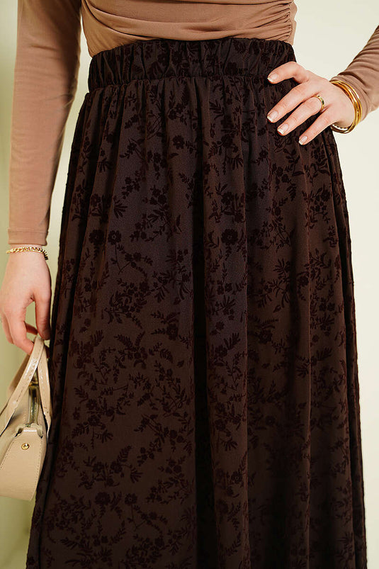 Jupe évasée en tulle à fleurs marron