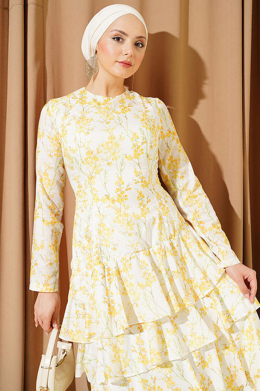 Blumiges asymmetrisches mehrlagiges Kleid in Gelb