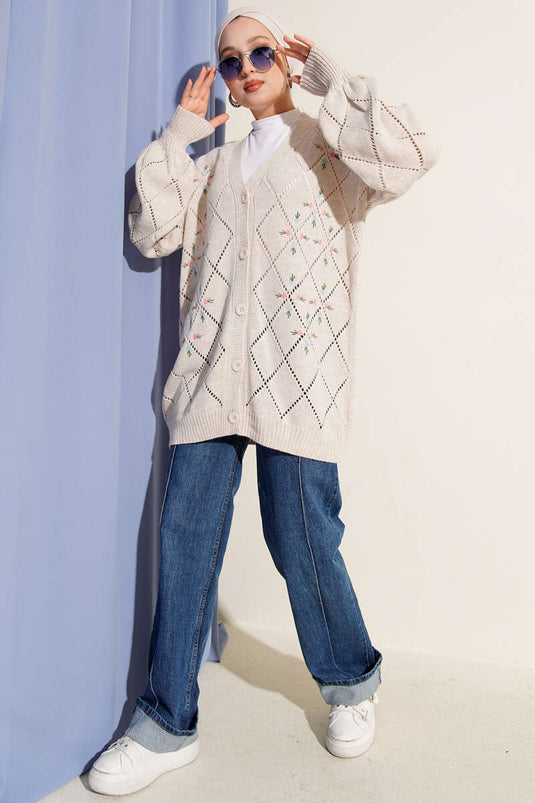 Strickjacke Mit Floralem Baklava-Muster, Beige