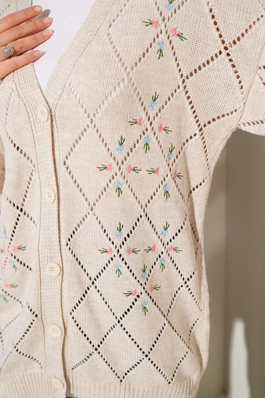Strickjacke Mit Floralem Baklava-Muster, Beige