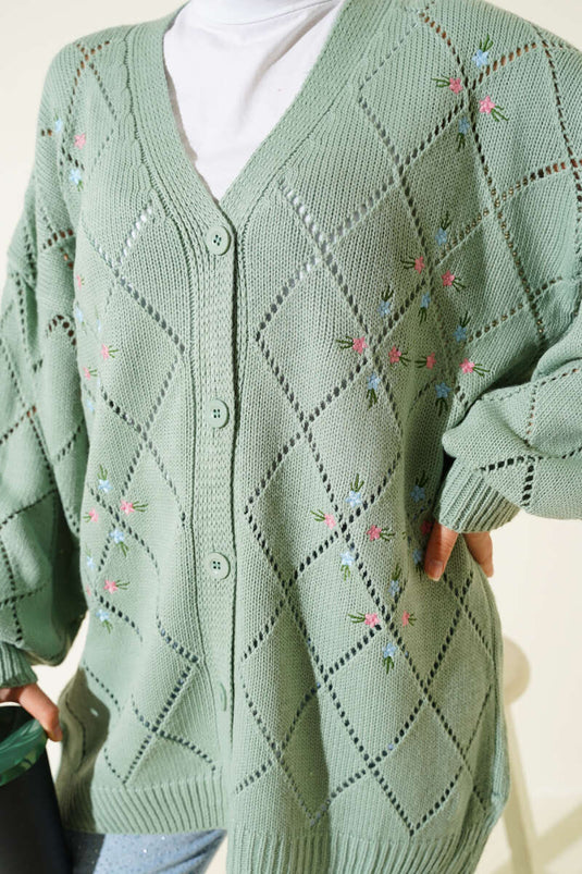 Floral Baklava Pattern Knitted Cardigan, Light Green