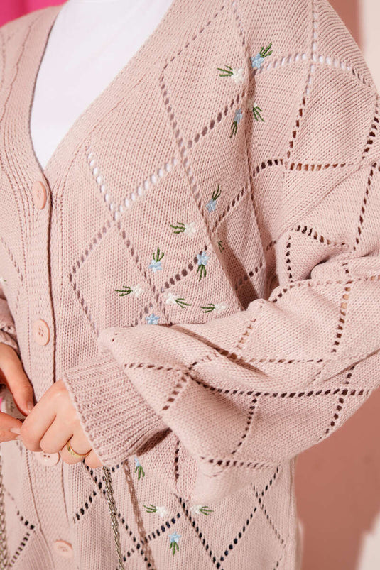 كارديجان محبوك بنقشة البقلاوة الزهرية، لون وردي فاتح