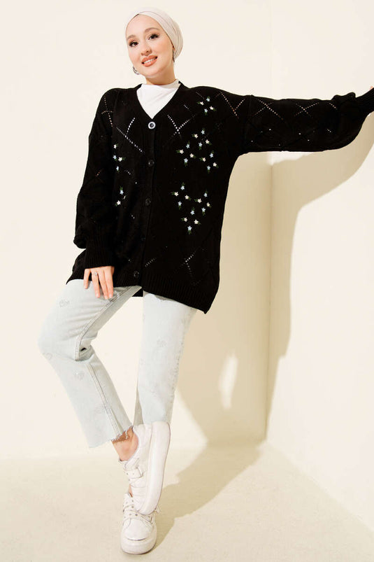 Schwarzer Strick-Cardigan Mit Blumenmuster