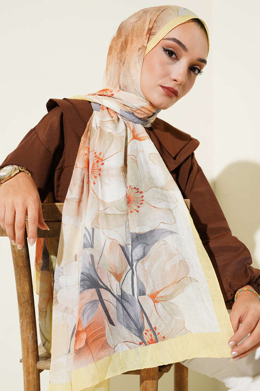 Çiçekli Bambu Kraş Şal Sarı