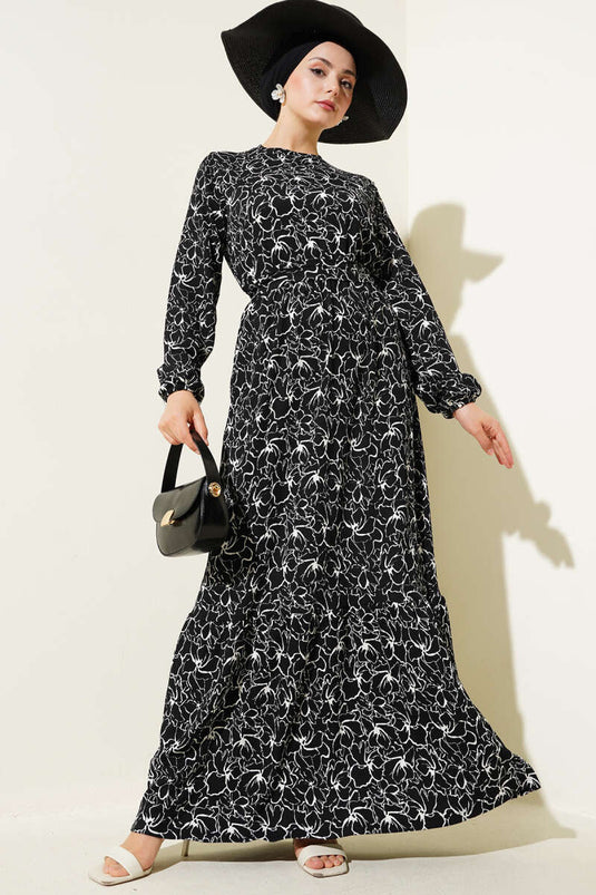 Floral Elastic Waist Crepe Dress Black