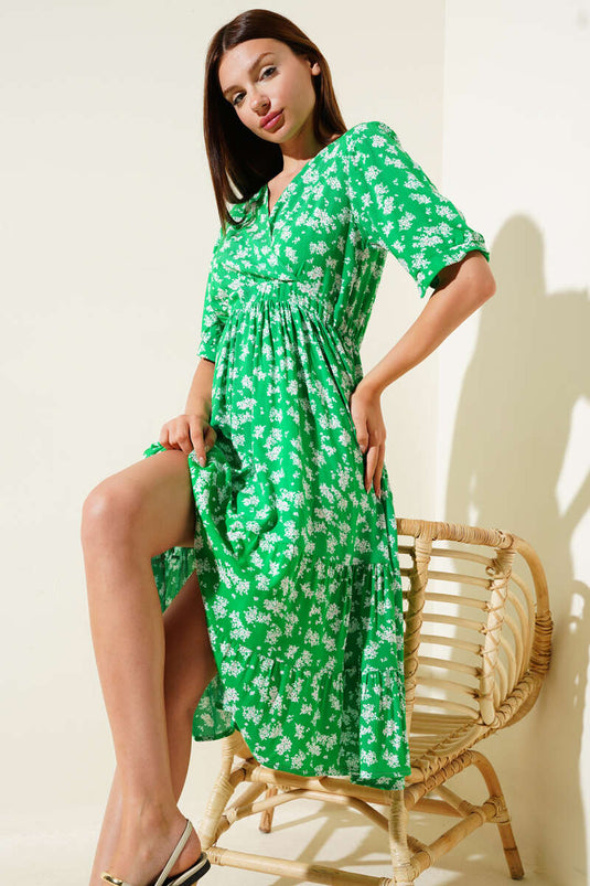 Robe verte à fleurs, taille élastique et manches courtes