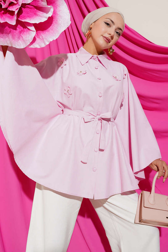 Çiçekli Detaylı Panço Gömlek Pembe