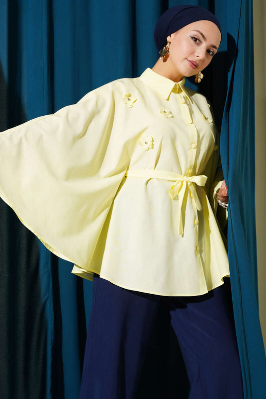 Çiçekli Detaylı Panço Gömlek Sarı