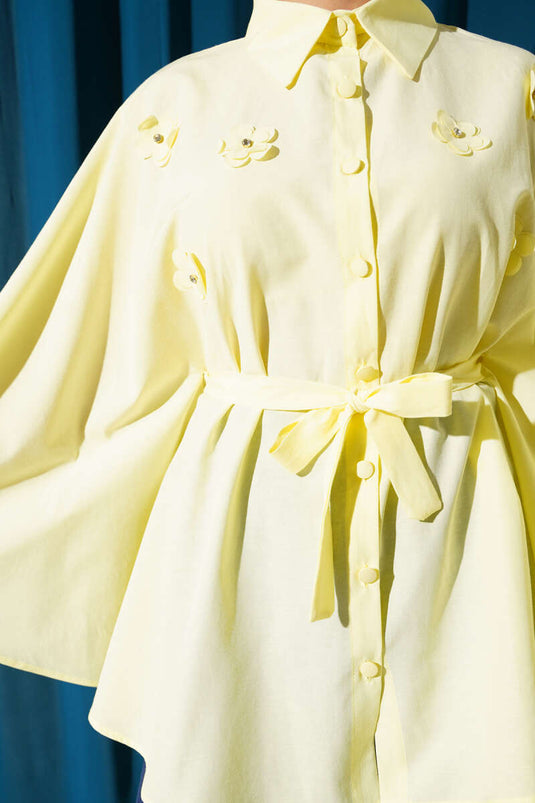 Çiçekli Detaylı Panço Gömlek Sarı