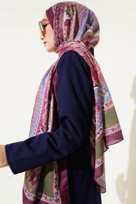 Çiçekli Etnik Desen Şal Mürdüm