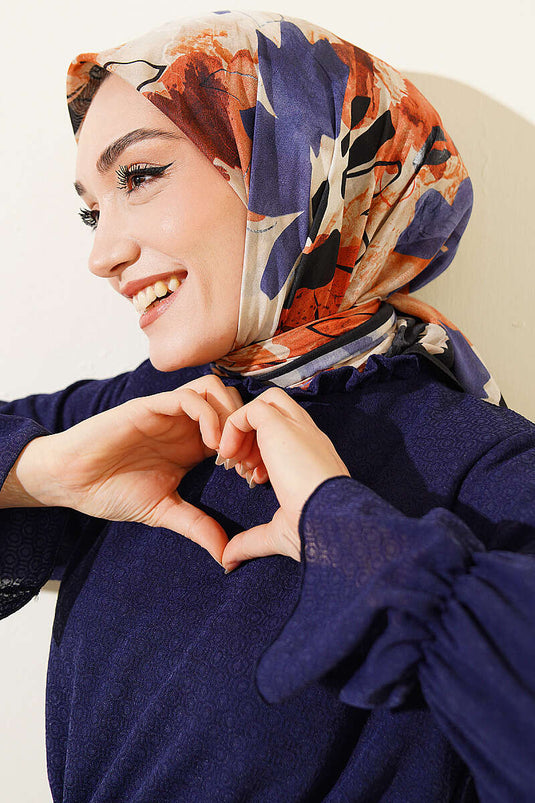 Çiçekli Fırça Desen Elegance Eşarp Siyah Bej