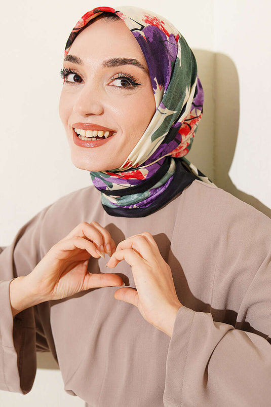 وشاح أناقة بنقشة فرشاة الأزهار باللونين الأسود والبنفسجي