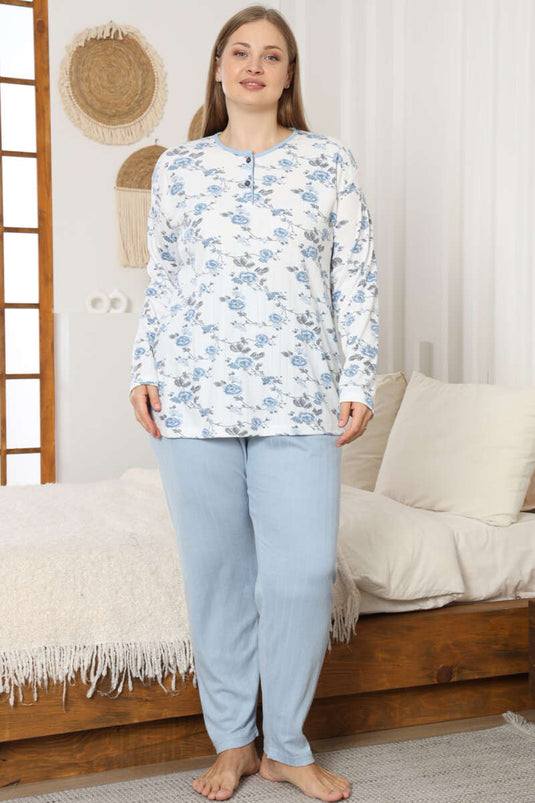 Ensemble de pyjama grande taille à côtes avec fleurs bleu