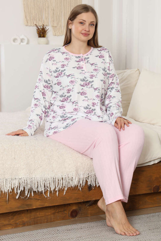 Ensemble de pyjama grande taille à côtes avec fleurs, rose