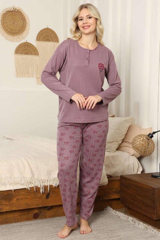 Floral Ribbed Pajama Set, Plum