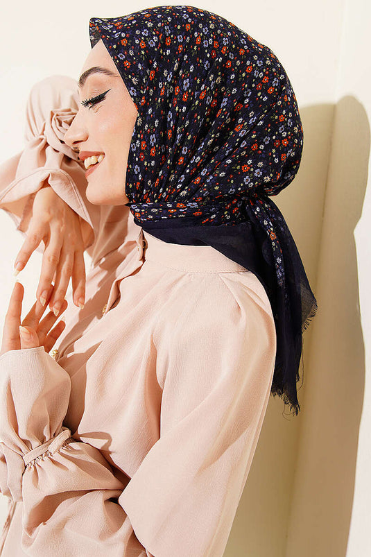 Çiçekli Flamu Cotton Eşarp Lacivert