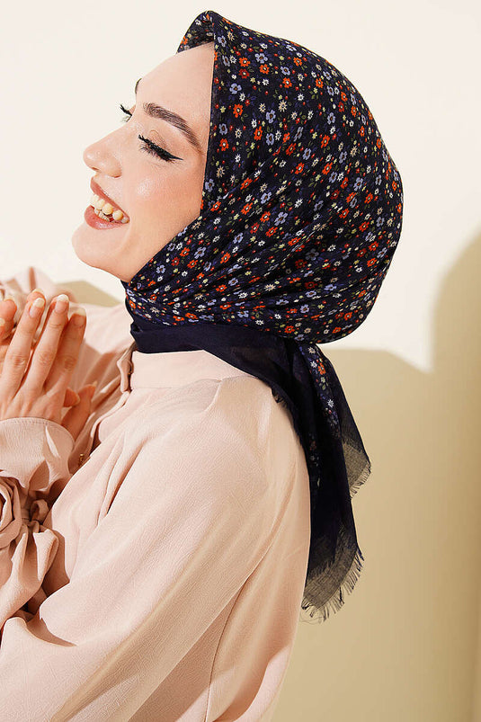 Çiçekli Flamu Cotton Eşarp Lacivert