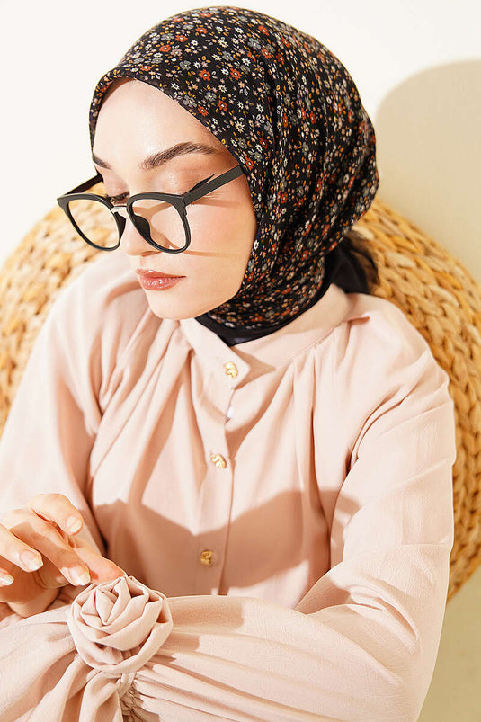 Çiçekli Flamu Cotton Eşarp Siyah Füme