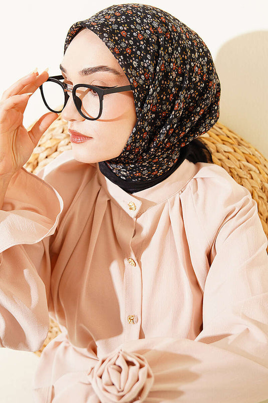 Çiçekli Flamu Cotton Eşarp Siyah Füme