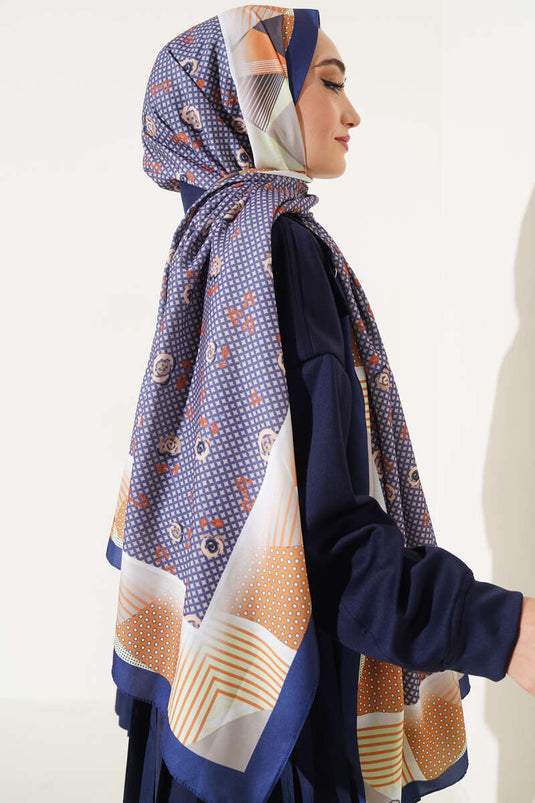 Floral Geometry Pattern Medina Silk Scarf Camel Navy Blue