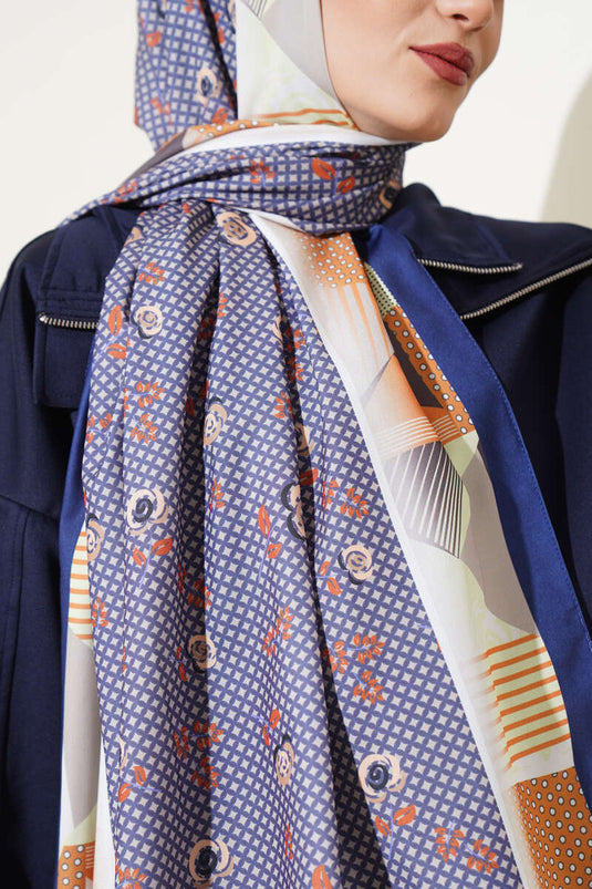 Floral Geometry Pattern Medina Silk Scarf Camel Navy Blue