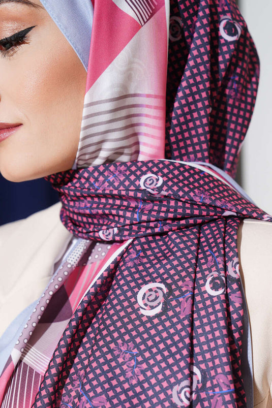 Foulard en soie de Médine à motif géométrique floral couleur vieux rose