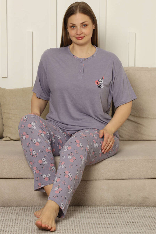 Lila, geblümtes Kurzarm-Pyjama-Set aus Viskose in Übergröße