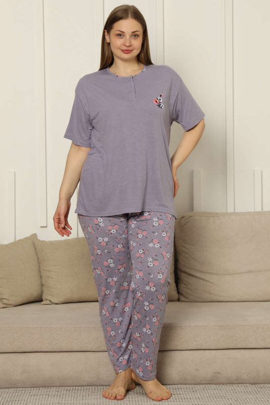 Lila, geblümtes Kurzarm-Pyjama-Set aus Viskose in Übergröße