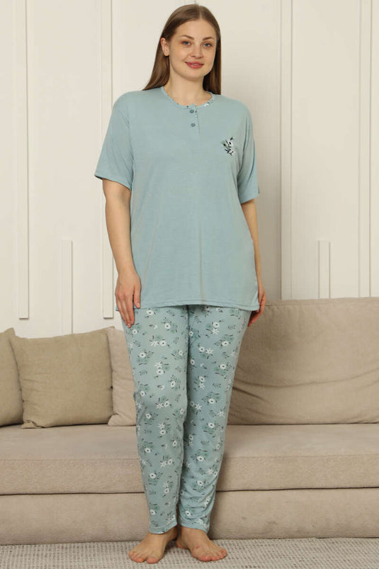 Pyjama-Set aus Viskose mit Blumenmuster und kurzen Ärmeln in Übergröße, Mint