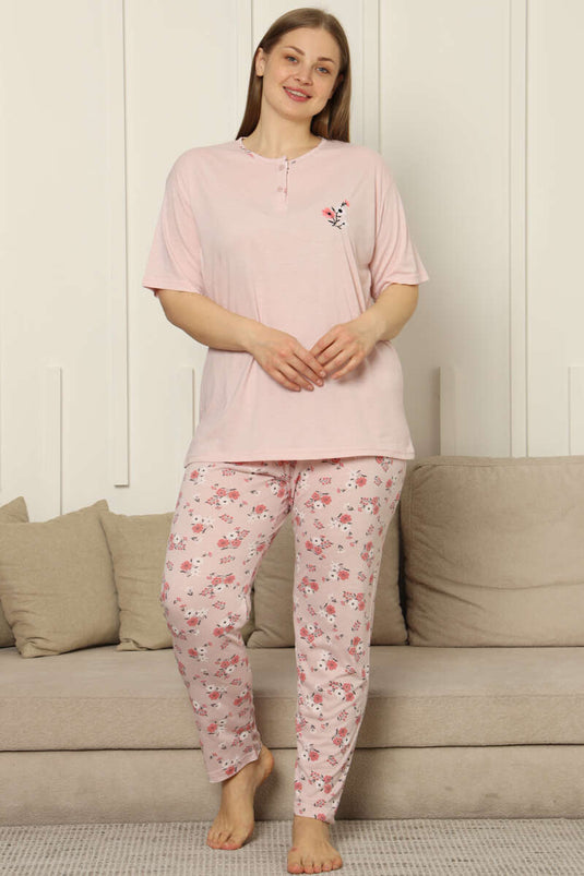 Pyjama-Set aus Viskose mit Blumenmuster und kurzen Ärmeln in Übergröße, puderfarben