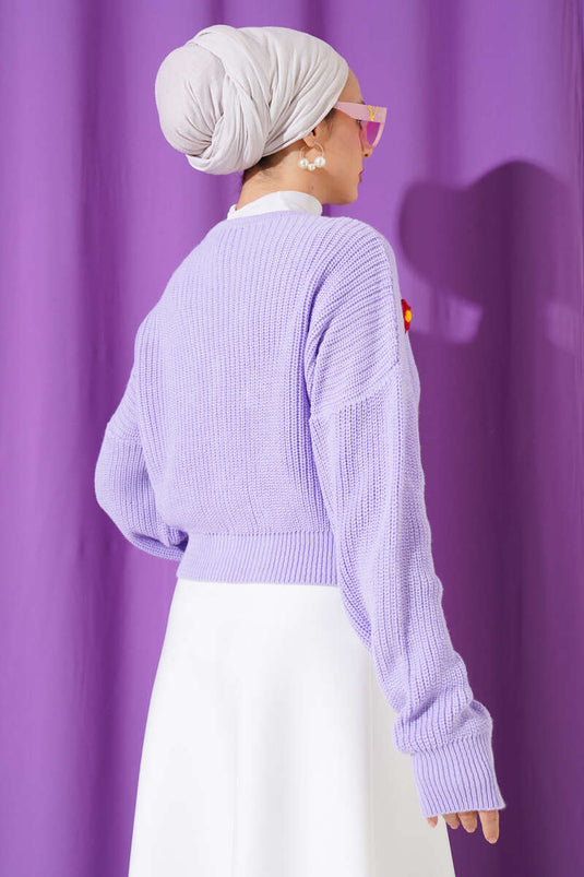 Cardigan En Maille Court Fleuri Lilas