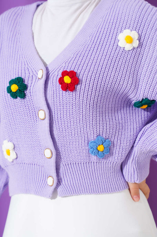 Cardigan En Maille Court Fleuri Lilas