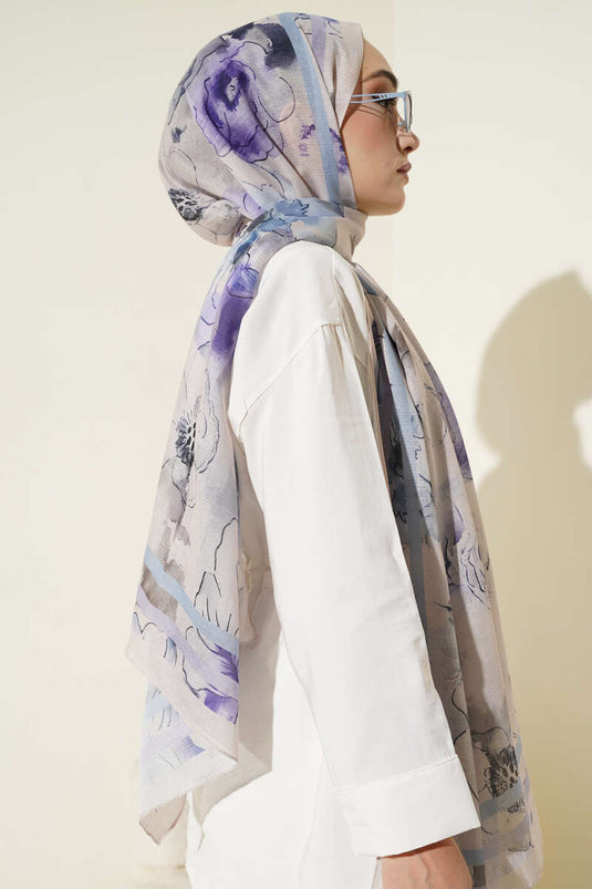 Çiçekli Şerit Geçiş Detaylı Şal Bej