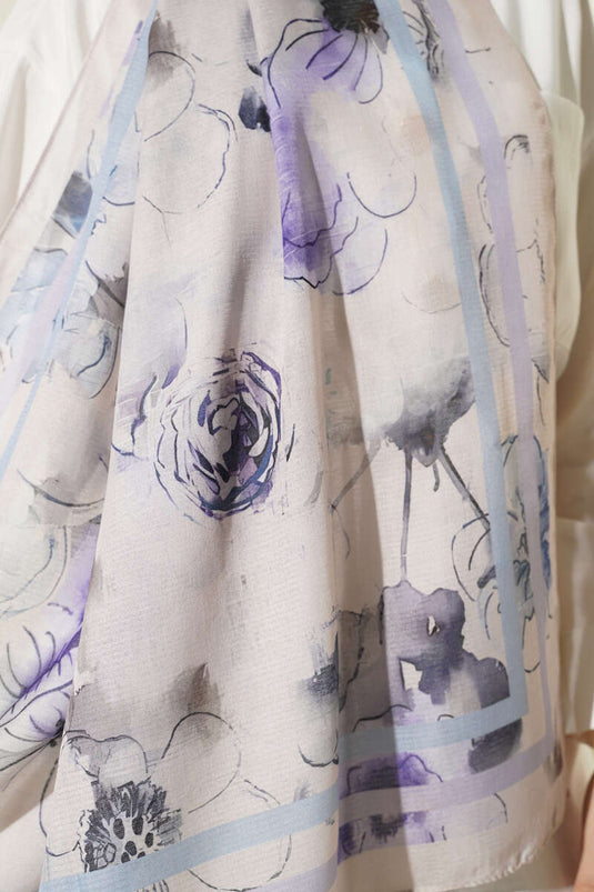 Çiçekli Şerit Geçiş Detaylı Şal Bej