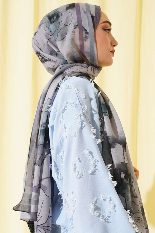 Çiçekli Şerit Geçiş Detaylı Şal Kayrak Grisi