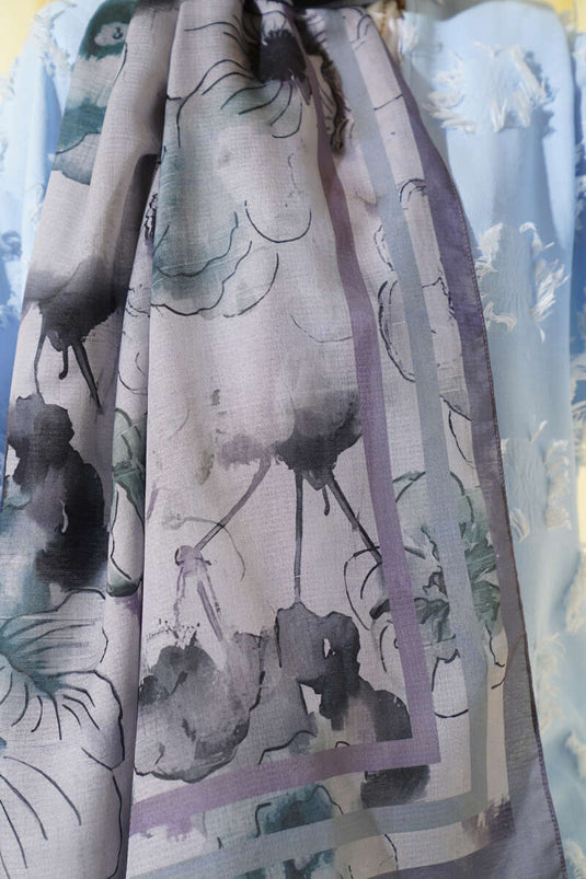 Çiçekli Şerit Geçiş Detaylı Şal Kayrak Grisi