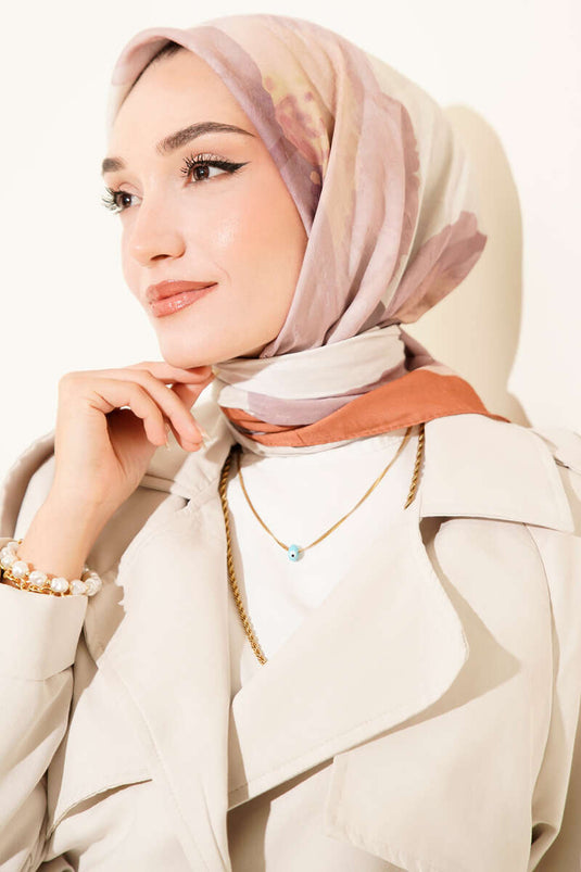 Sciarpa a righe floreali in bambù color cammello