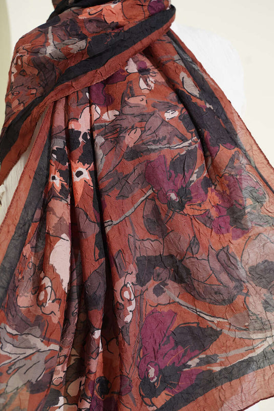 وشاح كراش ناعم من الخيزران مزخرف بالزهور بني