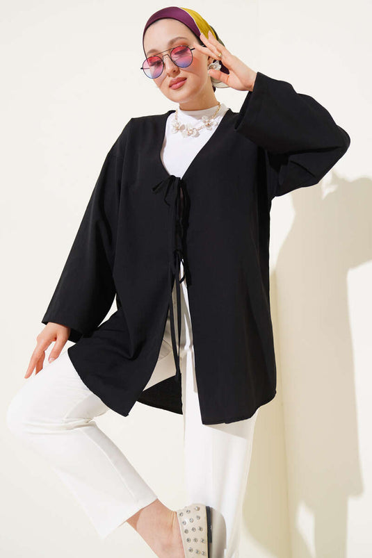 Çift Bağcıklı Poplin Kimono Siyah