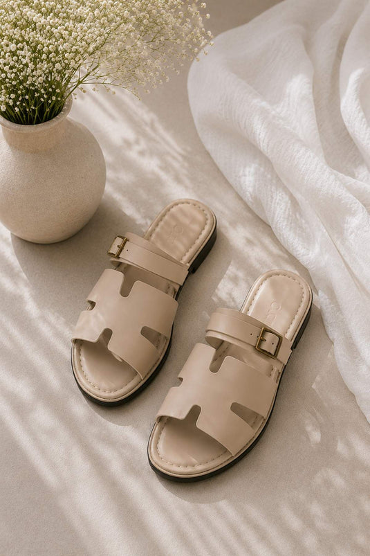 Mules à double bande avec boucle beige