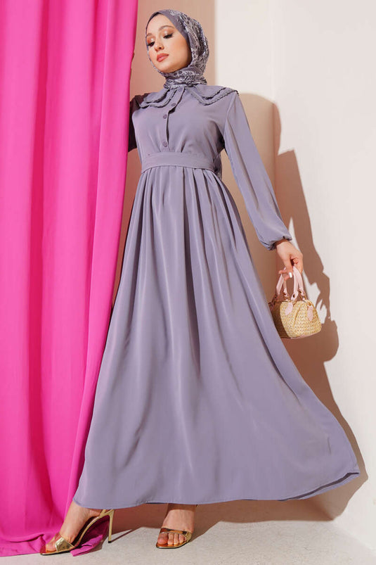 Çift Bebe Yaka Kuşaklı Elbise Gri