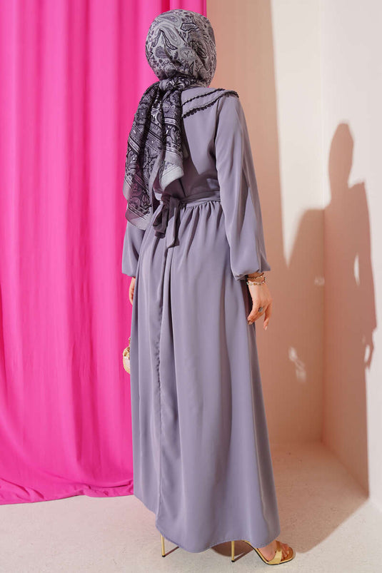 Çift Bebe Yaka Kuşaklı Elbise Gri