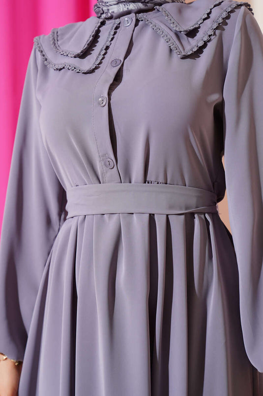 Çift Bebe Yaka Kuşaklı Elbise Gri