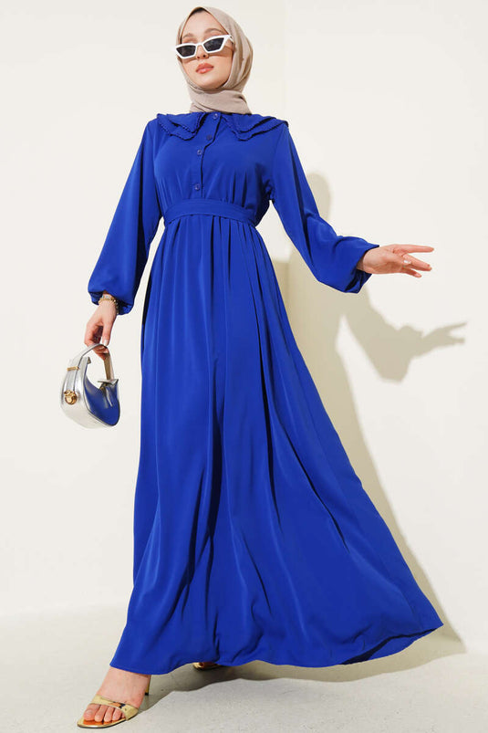 فستان بحزام وياقة مزدوجة للبنات الصغيرات باللون الساكسوني