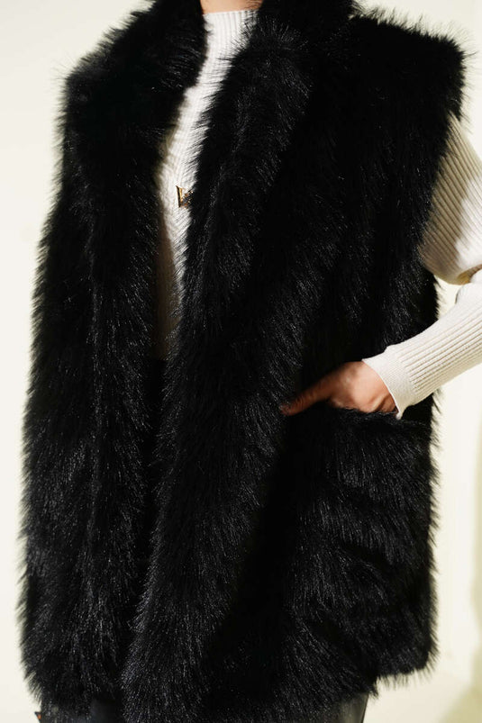 Double Pocket Detailed Fur Vest Black