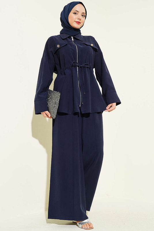 Double Pocket Covered Waist Tunnel Tencel Two-Piece Set Navy Blue